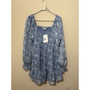 Allison + Kelly Women Blue Floral Square Neck Long Sleeve Baby Doll Dress Size L